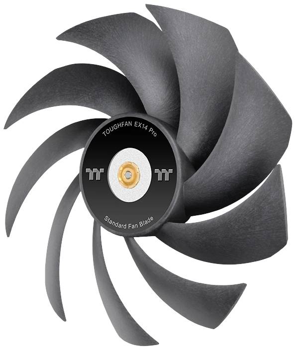 Czarne, zakrzywione łopatki wentylatora z napisem 'TOUGHFAN EX14 Pro'. Centralna piasta ma złoty akcent, osiem skrzydeł.