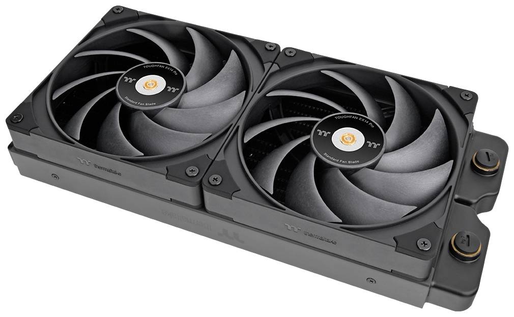 Podwójny system chłodzący z czarną obudową, zaprojektowany do wydajnego chłodzenia urządzeń elektronicznych.