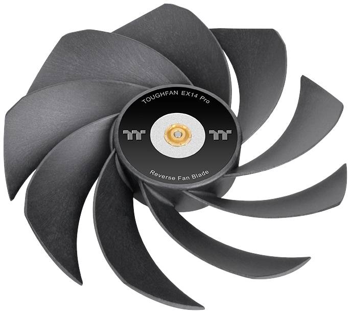 Śmigło wentylatora z czarnymi, lekko wygiętymi łopatkami. Tekst w środku: 'TOUGHFAN EX14 Pro Reverse Fan Blades'.