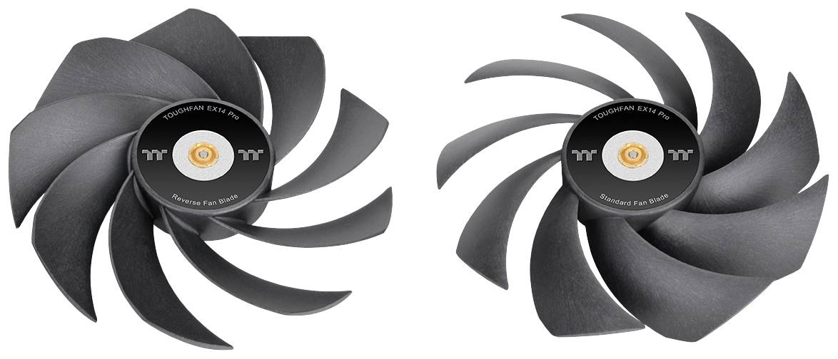 Dwa czarne wentylatory, każdy z dziewięcioma łopatkami, oba z napisem 'Thermaltake' pośrodku.