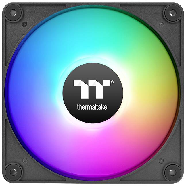 Kwadratowy wentylator komputerowy z wielokolorowymi diodami LED i centralnym logo 'thermaltake'. Wentylator świeci się w kolorach tęczy.