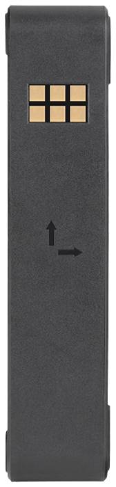 Czarne urządzenie ze strzałką skierowaną w górę, kontakty na górze.