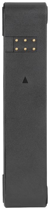 Czarny akumulator zapasowy do urządzenia elektronicznego, z pięcioma złotymi stykami i symbolem strzałki na przedniej stronie.