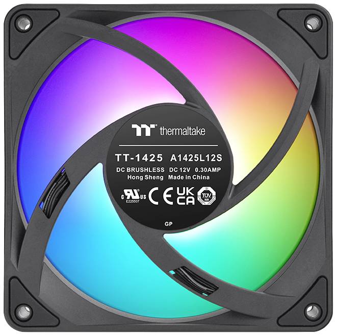 Wentylator firmy Thermaltake z podświetleniem LED w kolorach tęczy, przedstawiony z technicznymi specyfikacjami w środku.