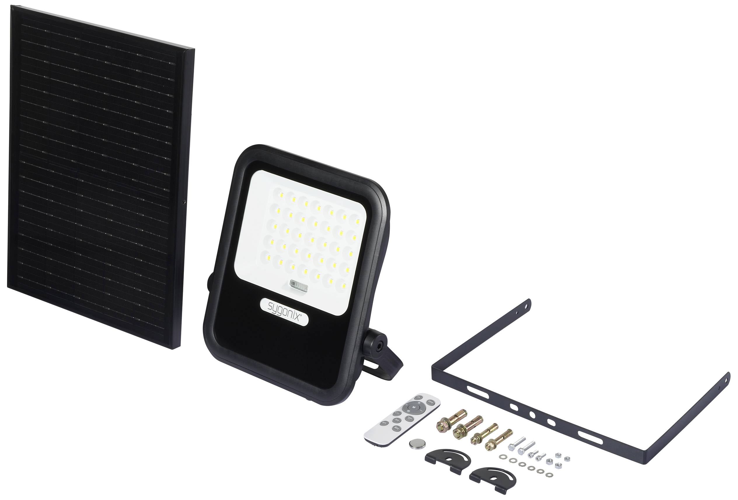 Reflektor LED z panelem solarnym, pilotem i zestawem montażowym. Idealny do zastosowań na zewnątrz, zapewniający oszczędność energii dzięki wykorzystaniu energii słonecznej.