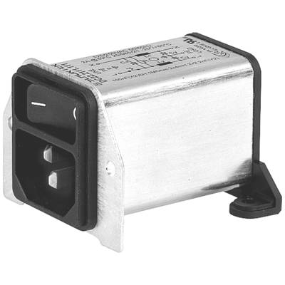 Prostokątny elektryczny filtr sieciowy z przełącznikiem kołyskowym i złączem wejściowym IEC, powszechnie stosowany w urządzeniach elektronicznych do tłumienia zakłóceń.