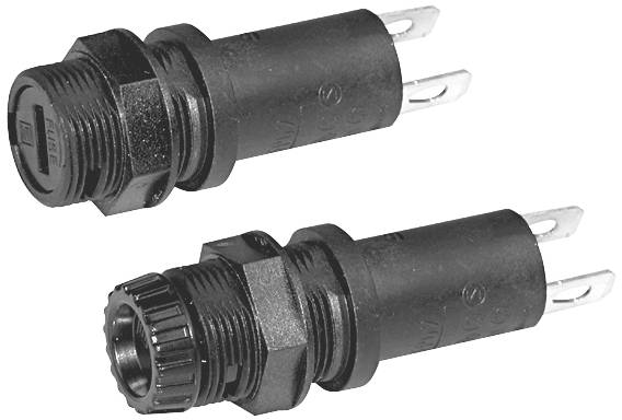 Dwa czarne uchwyty bezpieczników z płaskimi złączami. Górny uchwyt pokazuje styki wtykowe, dolny pokazuje połączenie śrubowe.