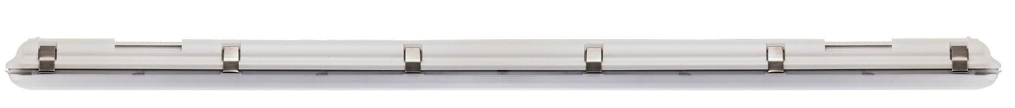 Długa, srebrna lampa LED o prostym, nowoczesnym designie. Nadaje się do montażu sufitowego w pomieszczeniach mieszkalnych lub biurowych.