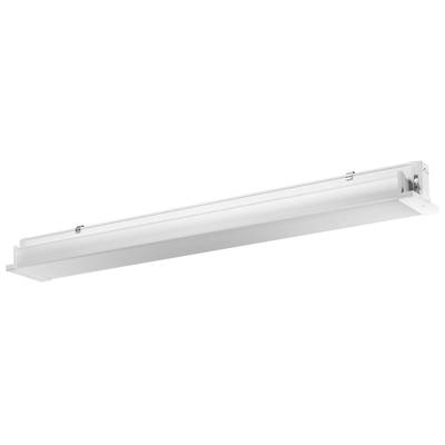 Biała liniowa lampa sufitowa o prostym, nowoczesnym designie. Idealna do biur lub przestrzeni przemysłowych.