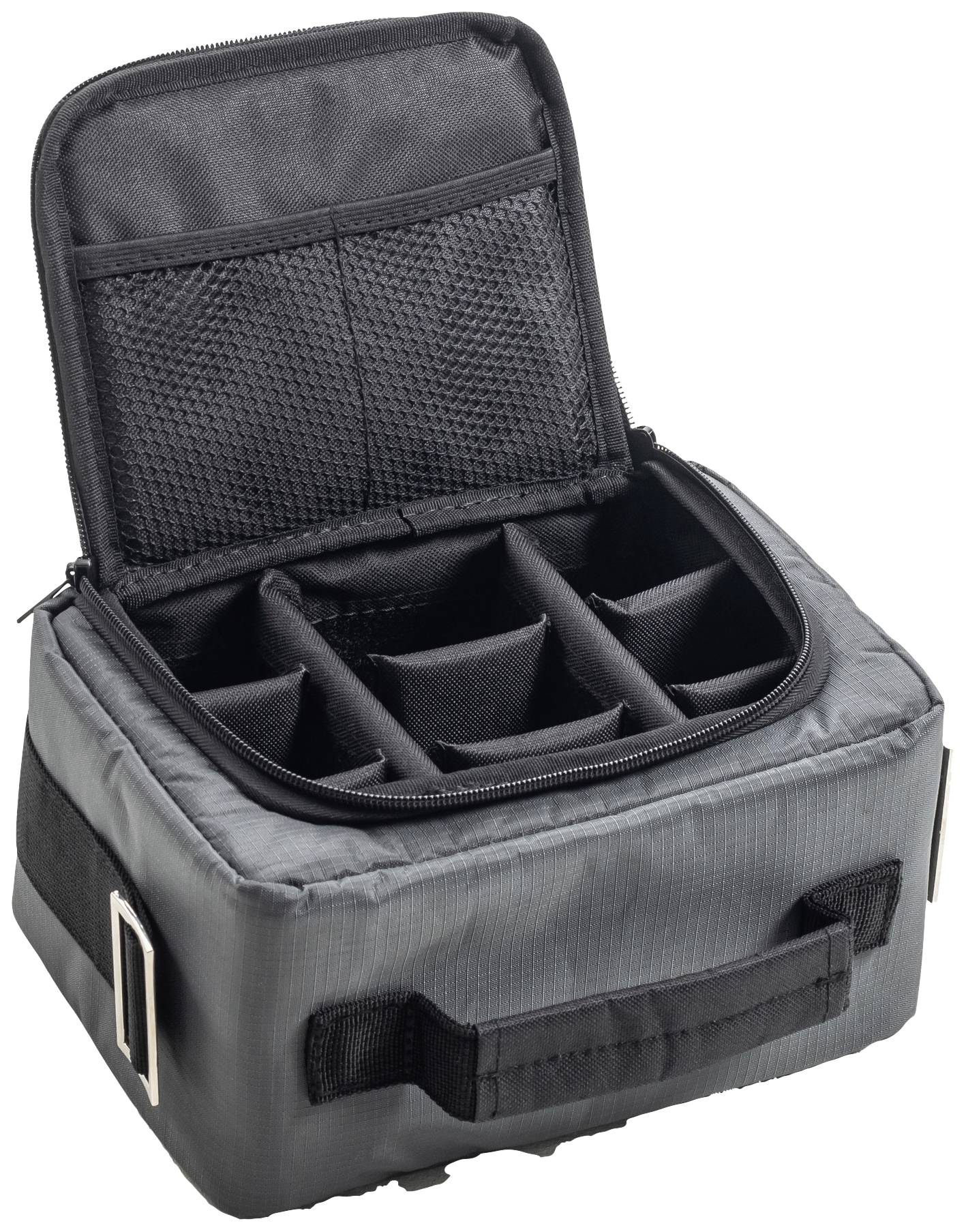 Otwarta, szara torba na aparat fotograficzny z wieloma regulowanymi przegrodami do przechowywania sprzętu.