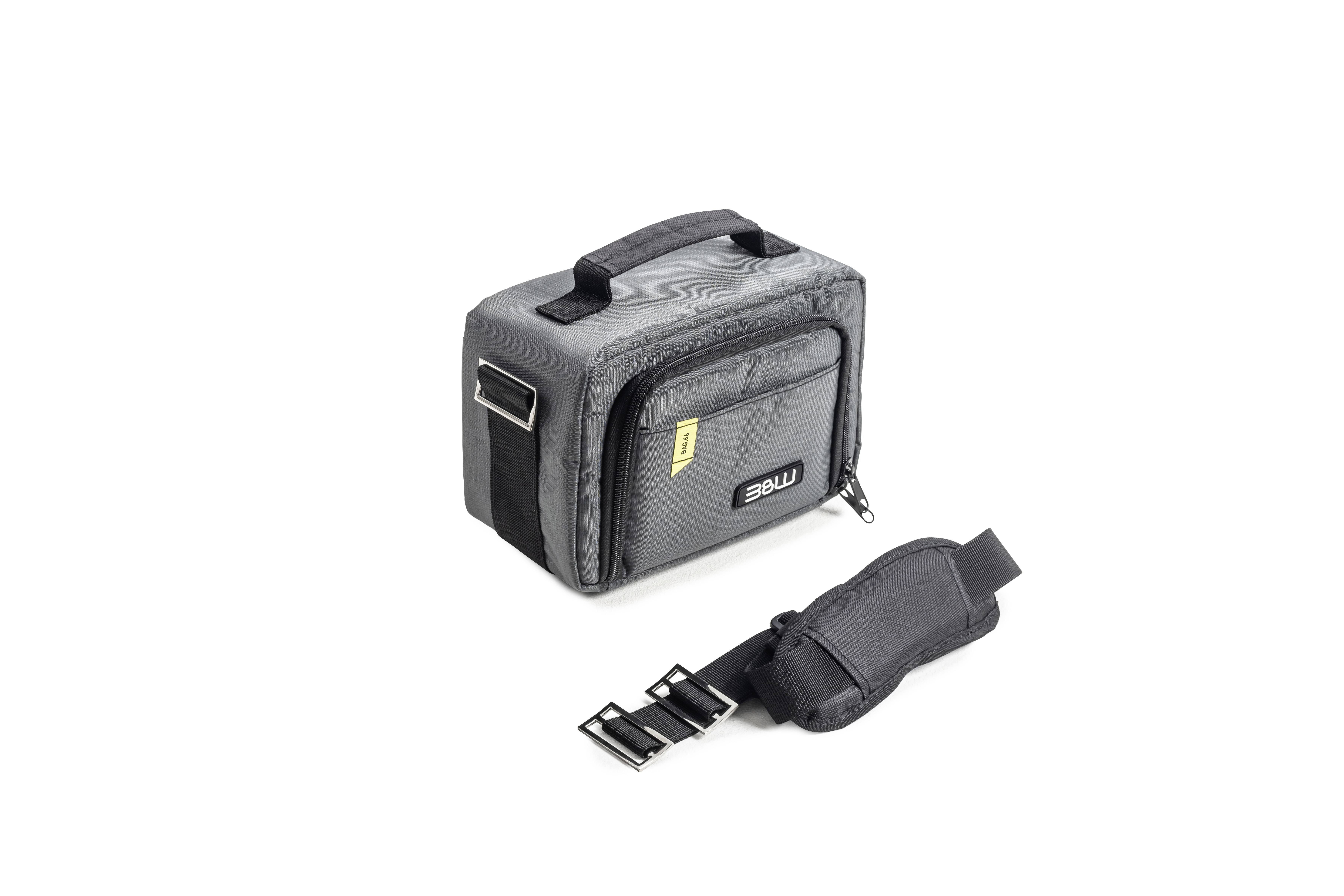 Szara torba na aparat fotograficzny z zamkiem błyskawicznym i odpinowym paskiem na ramię, odpowiednia do bezpiecznego przechowywania sprzętu fotograficznego.