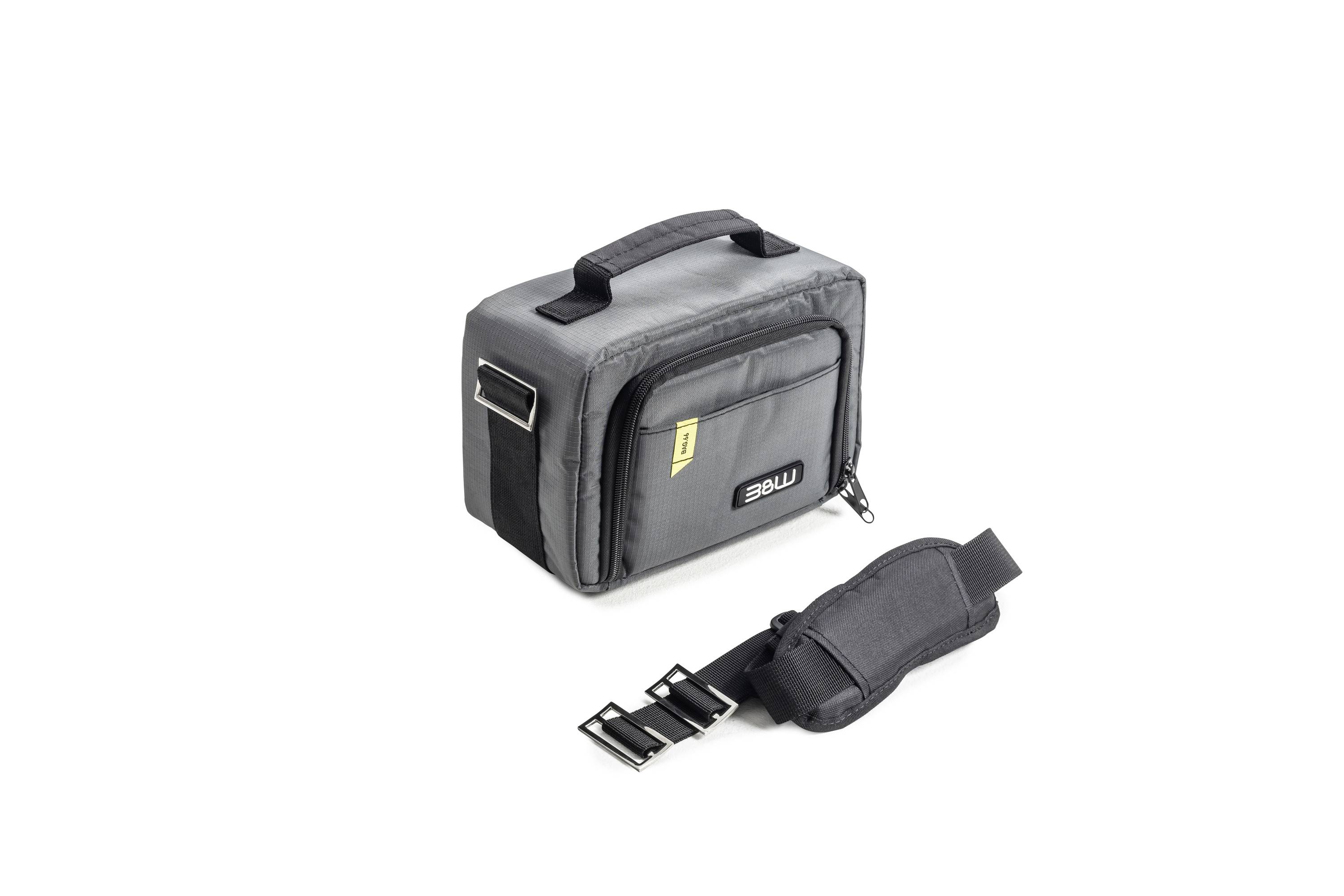 Szara torba na aparat fotograficzny z uchwytem i odpinanym paskiem na ramię, odpowiednia dla aparatów DSLR i akcesoriów.