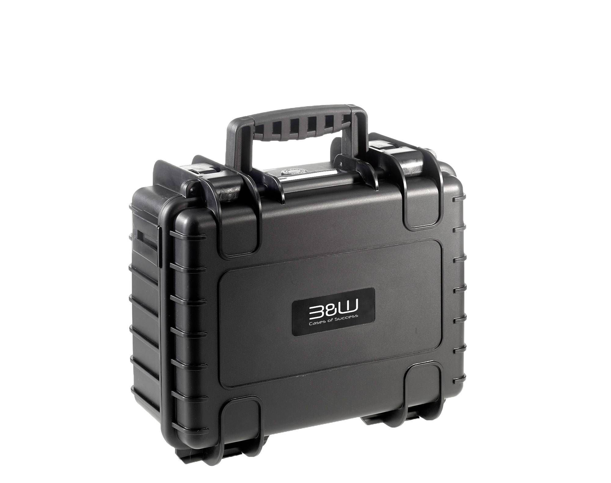 Solidna, czarna walizka z tworzywa sztucznego z uchwytem, odpowiednia do bezpiecznego transportu delikatnego sprzętu.