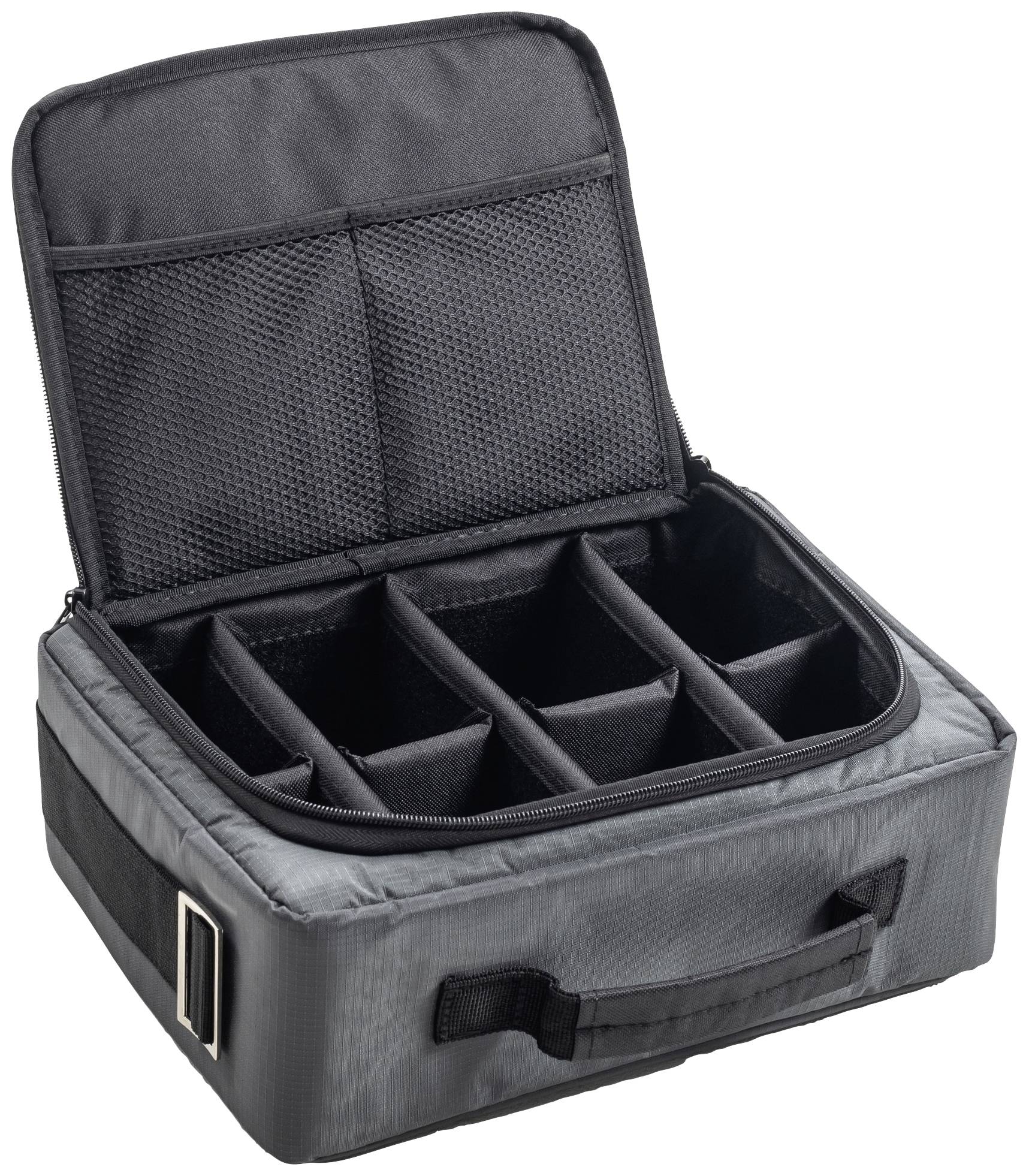 Czarna, prostokątna, wyściełana torba z otwartym zamkiem błyskawicznym ujawnia kilka regulowanych przegródek wewnątrz, idealna do bezpiecznego transportu.