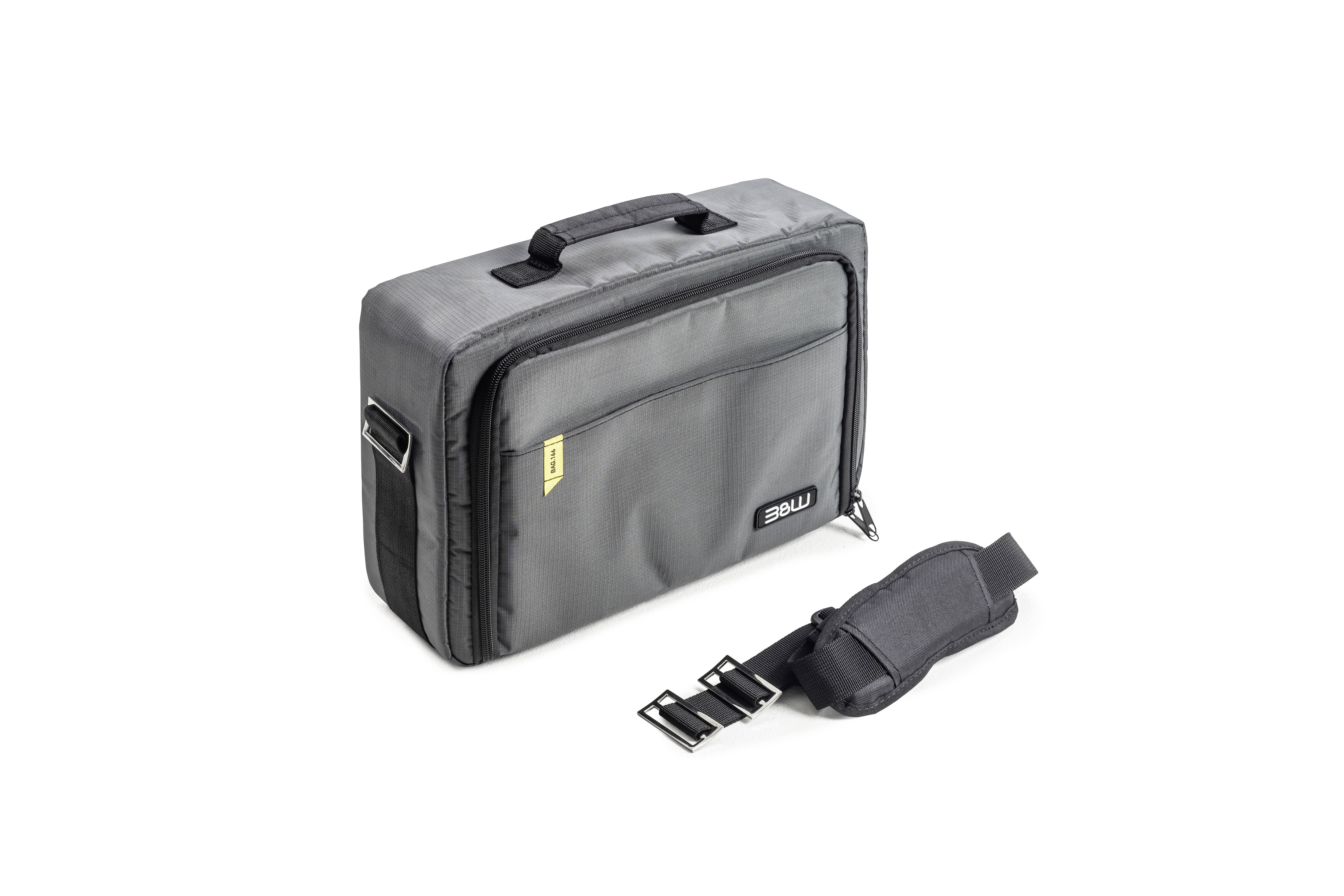 Szara torba z zdejmowalnym paskiem na ramię. Odpowiednia do przenoszenia małych urządzeń lub przedmiotów osobistych.