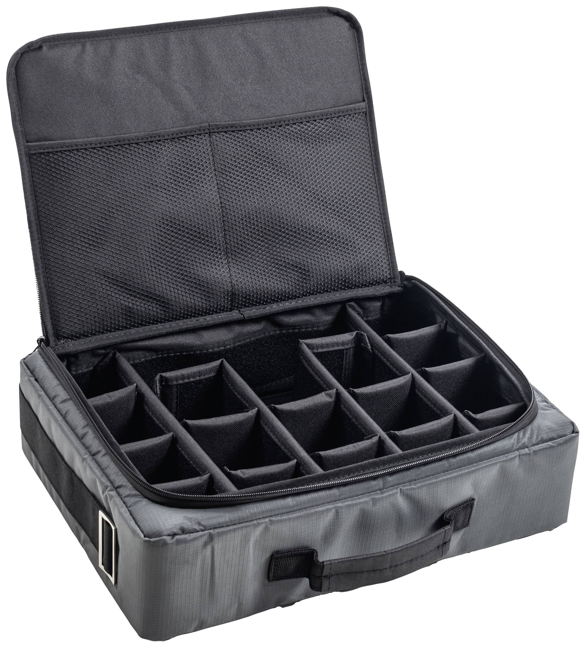 Duża, otwarta torba z wieloma regulowanymi przegrodami, odpowiednia do zorganizowanego przechowywania przedmiotów.