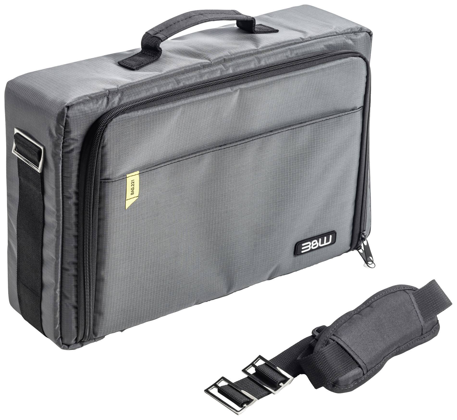 Szara torba na laptopa z zamkiem błyskawicznym i regulowanym paskiem na ramię, idealna do bezpiecznego przewożenia komputera.