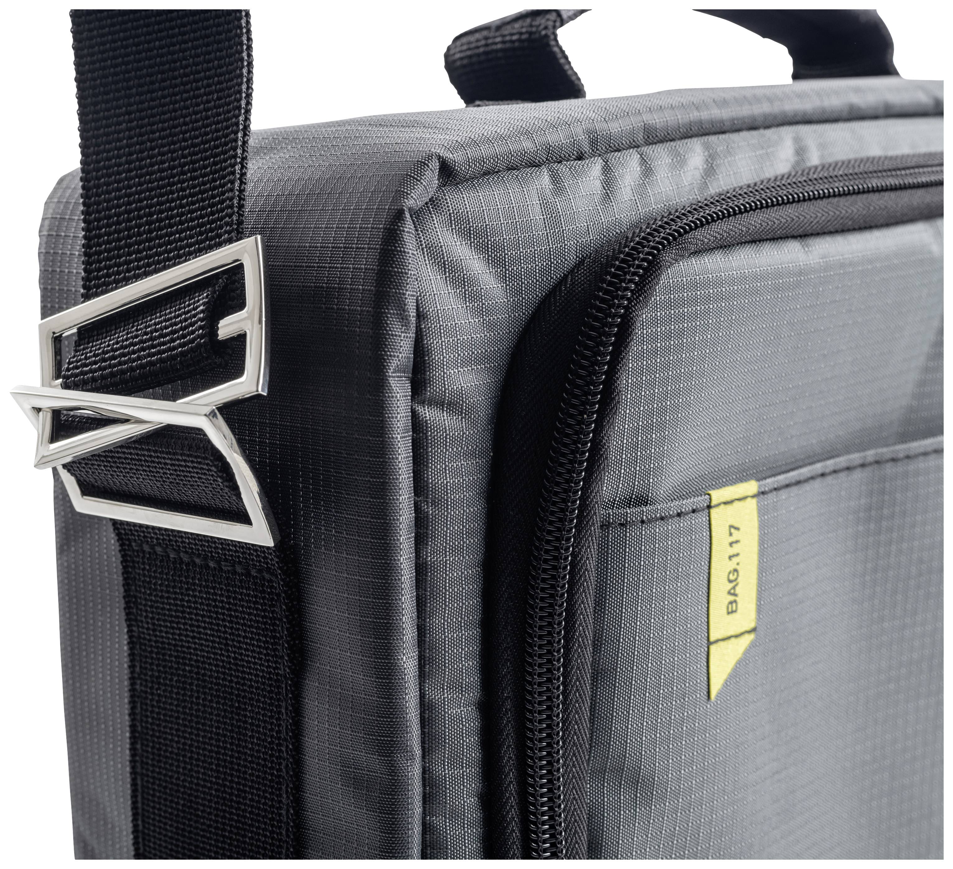 Szara torba z czarnym zamkiem błyskawicznym i regulowanym paskiem. Widoczna jest żółta etykieta z napisem 'BA9.117'.