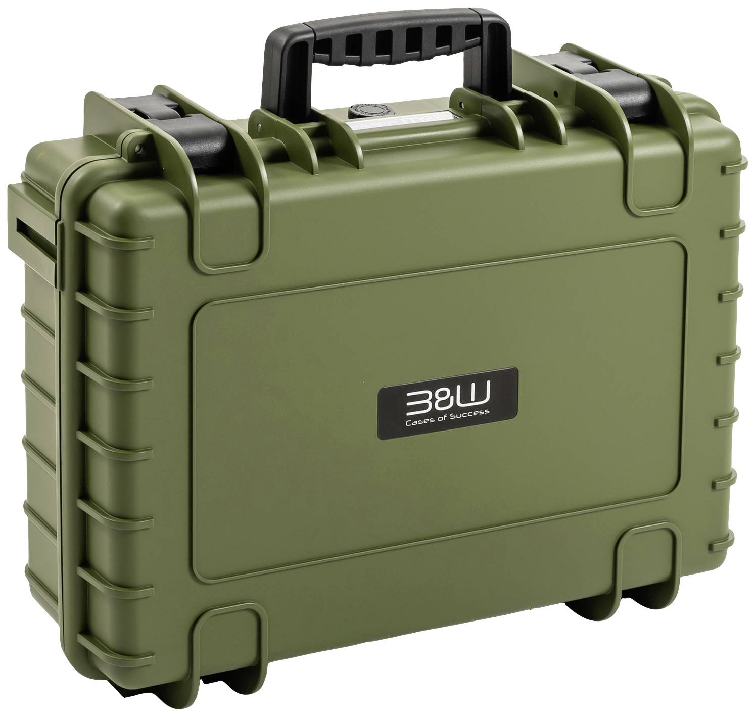 Zielony, wytrzymały kufer ochronny z czarnym uchwytem i napisem 'B&W Cases of Success' na przedniej stronie.