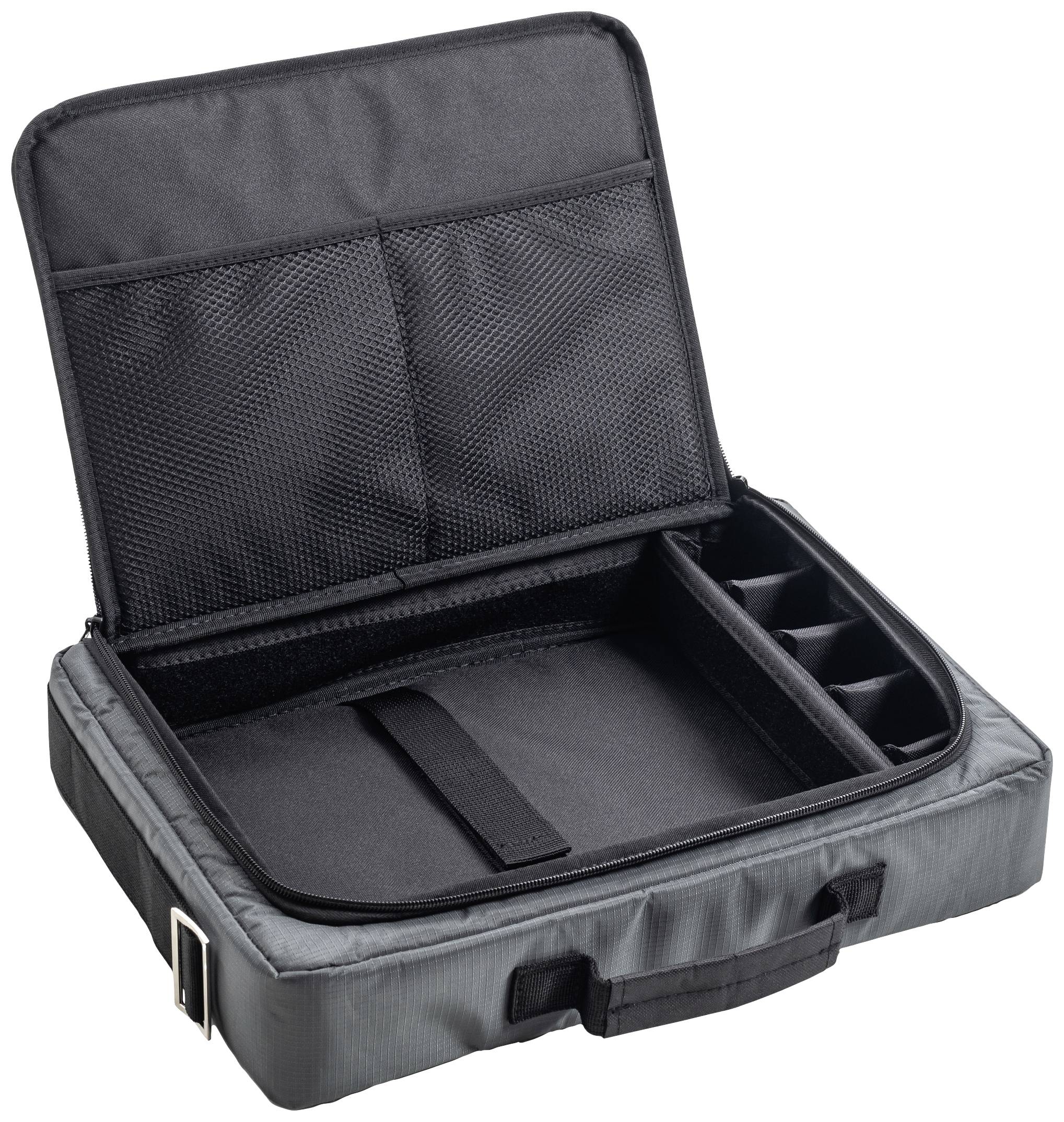 Szara, otwarta torba z uchwytem, z oddzielnymi przegrodami i siateczkową kieszenią wewnątrz; odpowiednia do zorganizowanego transportu.