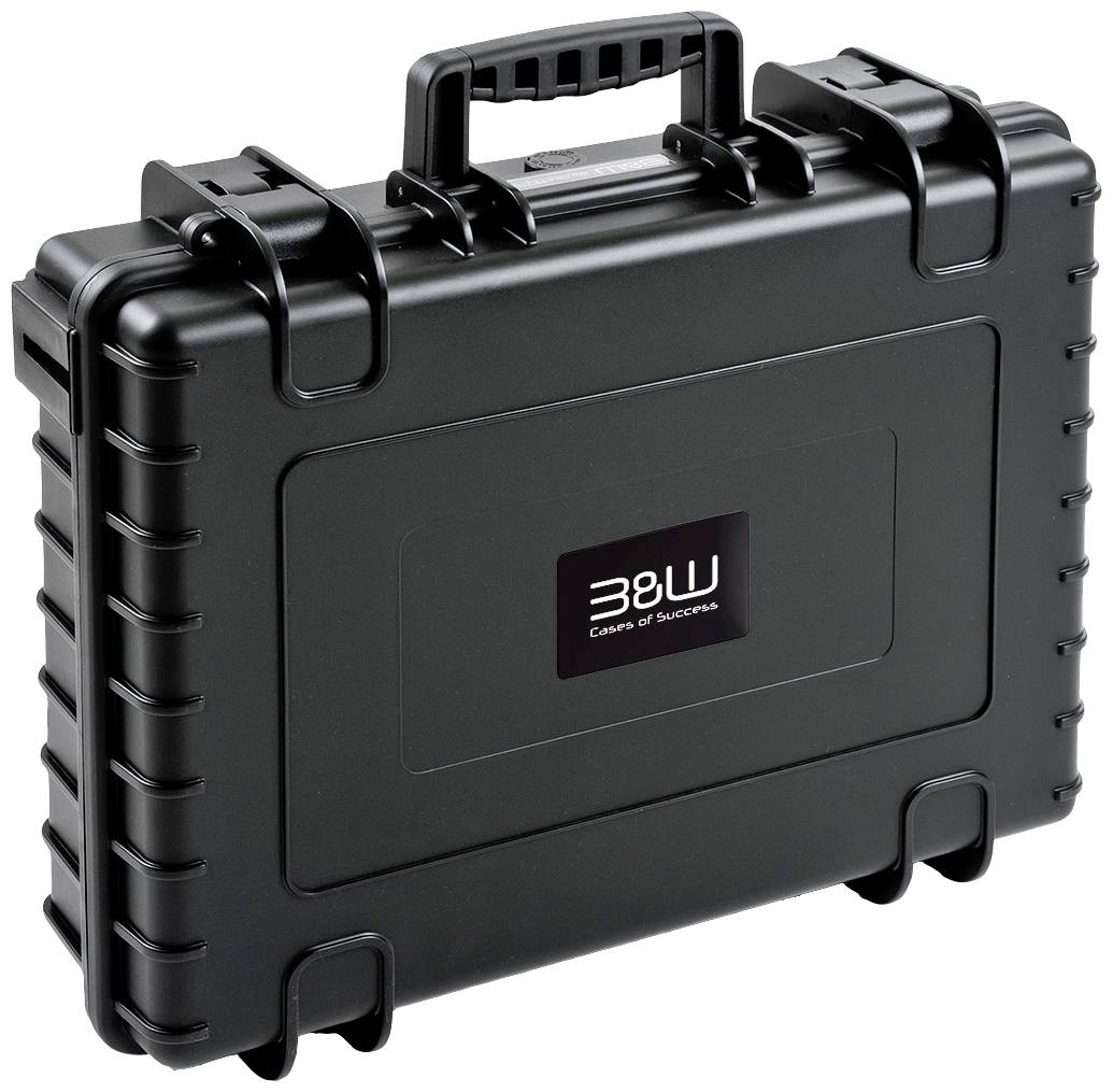 Czarny, wytrzymały kufer z tworzywa sztucznego z uchwytem do przenoszenia i zatrzaskami, logo marki na przedniej stronie. Odpowiedni do bezpiecznego transportu.