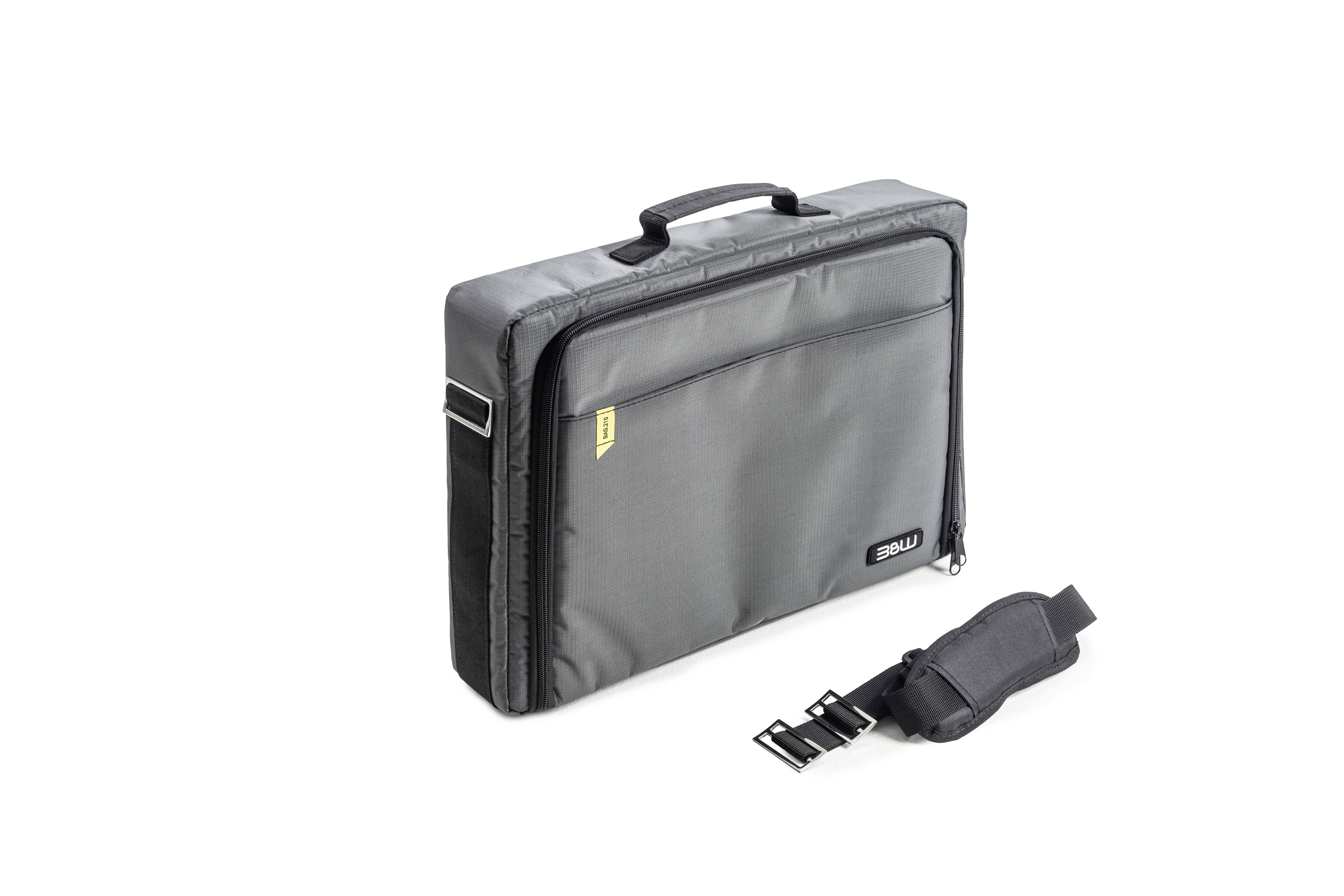 Szara torba na laptopa z uchwytem i paskiem na ramię. Torba posiada zamek błyskawiczny i czarne logo marki.