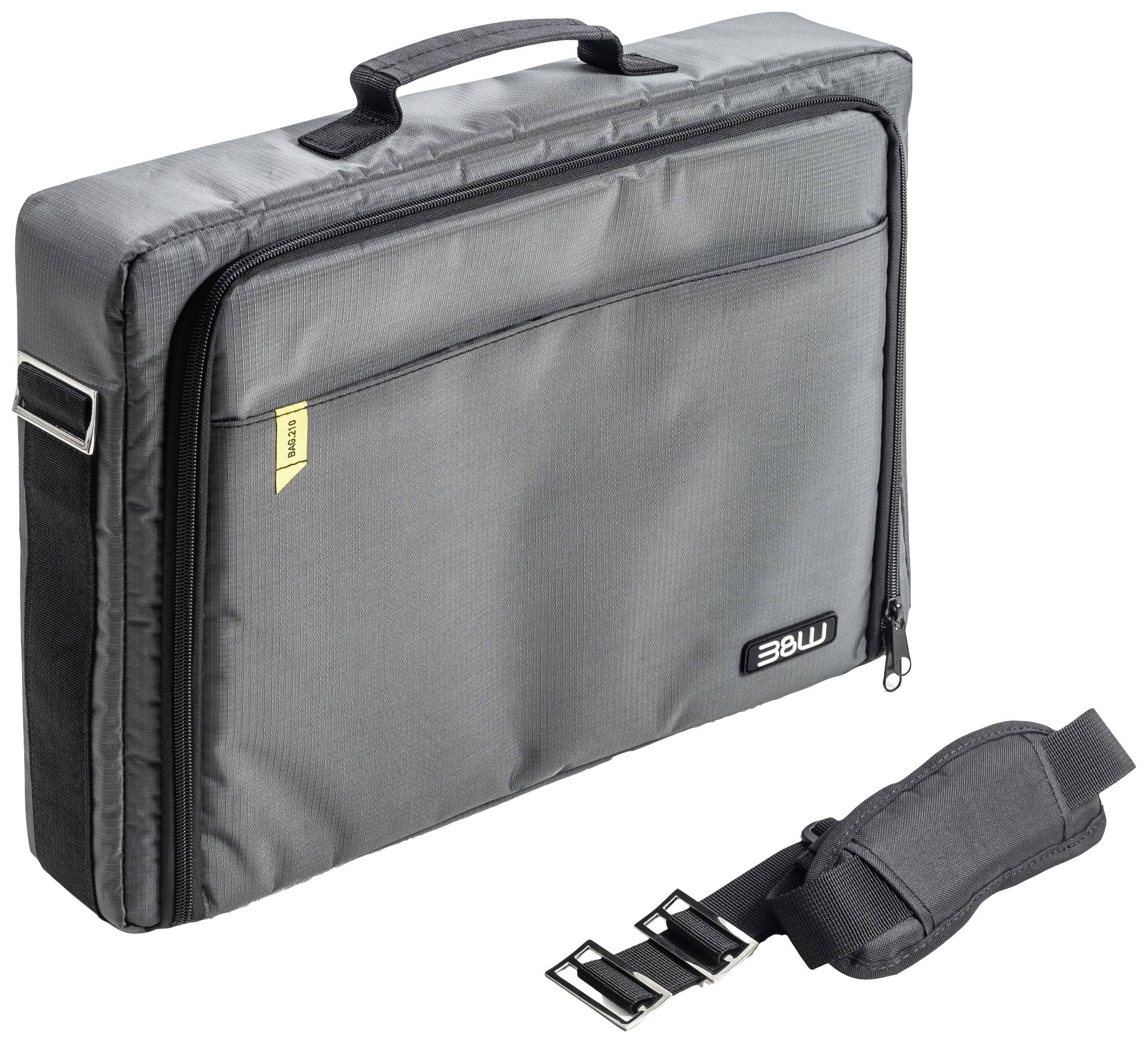 Szara torba na laptopa z kieszenią zamykaną na zamek błyskawiczny, uchwytem do noszenia oraz zdejmowanym, wyściełanym paskiem na ramię.