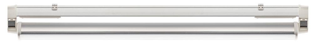 Biała, prostokątna listwa LED z dwoma elementami mocującymi na końcach. Nadaje się do montażu sufitowego lub ściennego.