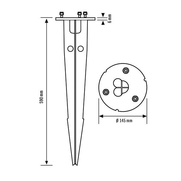 Rysunek grotu ziemnego o całkowitej długości 590 mm i średnicy podstawy 145 mm. Przedstawiono pozycje śrub na podstawie.