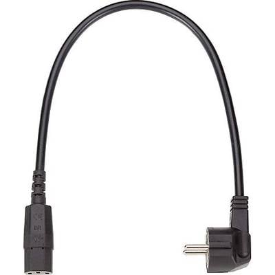 Czarny kabel sieciowy z wtyczką Schuko po jednej stronie i wtyczką IEC C13 po drugiej stronie, przeznaczony do zasilania.