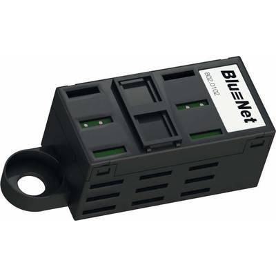 Czarny adapter z trzema gniazdami oraz etykietą z napisem 'BlueNet' w prawym górnym rogu.