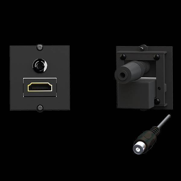 Grafika przedstawia czarną ścienną wtyczkę HDMI z gniazdem sieciowym i osobnym przewodem zasilającym na czarnym tle.
