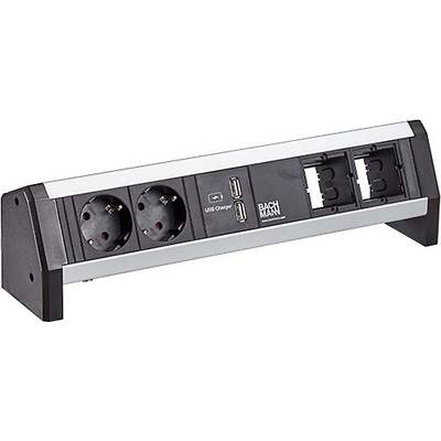 Listwa zasilająca z dwoma gniazdkami elektrycznymi, dwoma portami USB do ładowania oraz dwoma wolnymi miejscami modułowymi, odpowiednia do użytku biurowego lub domowego.