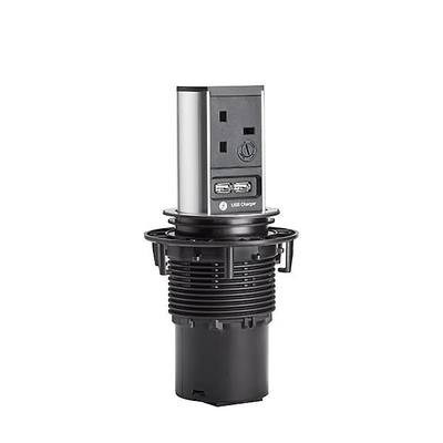 Chowana kolumna gniazdkowa z dwoma gniazdami elektrycznymi i dwoma portami USB, idealna do powierzchni roboczych w kuchniach lub biurach.