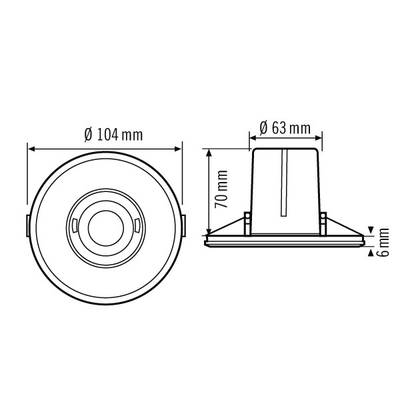 Rysunek cylindrycznego obiektu z wymiarami: średnica 104 mm, wysokość 70 mm, średnica podstawy 63 mm, wysokość cokołu 6 mm.