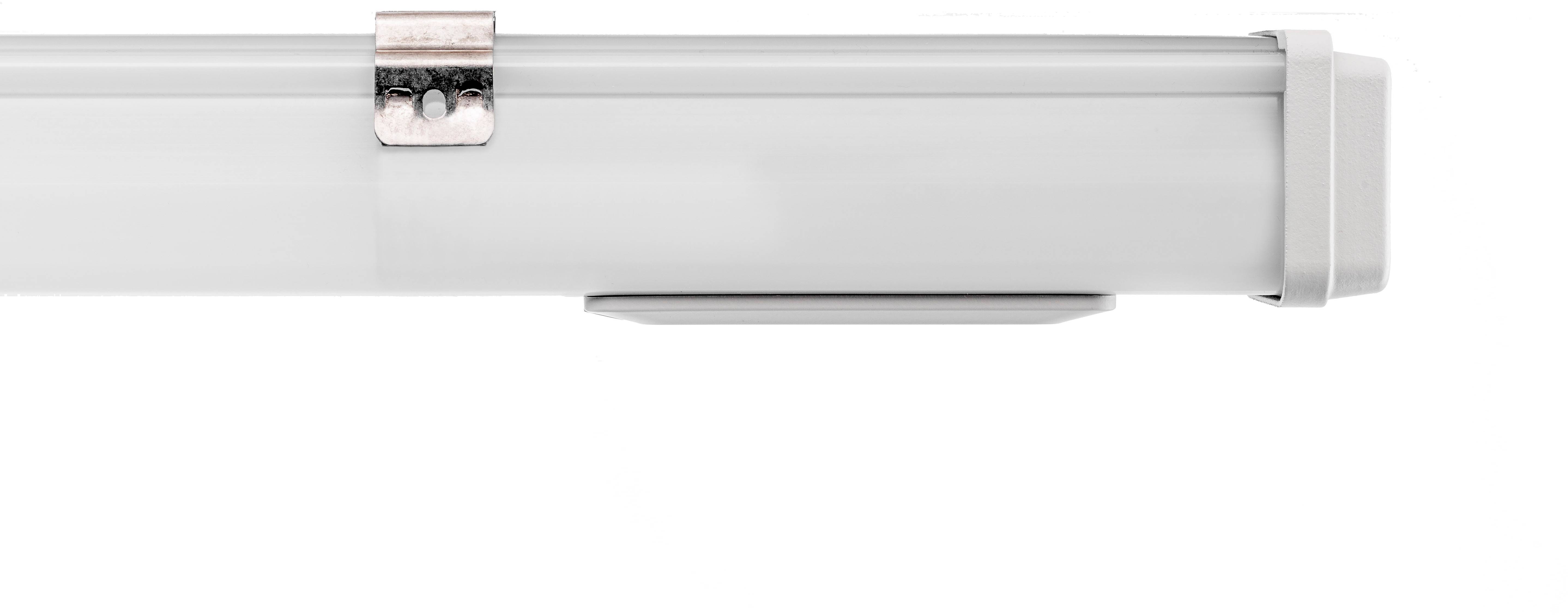 Biała lampa LED z srebrnymi elementami mocującymi zamontowana na ścianie.