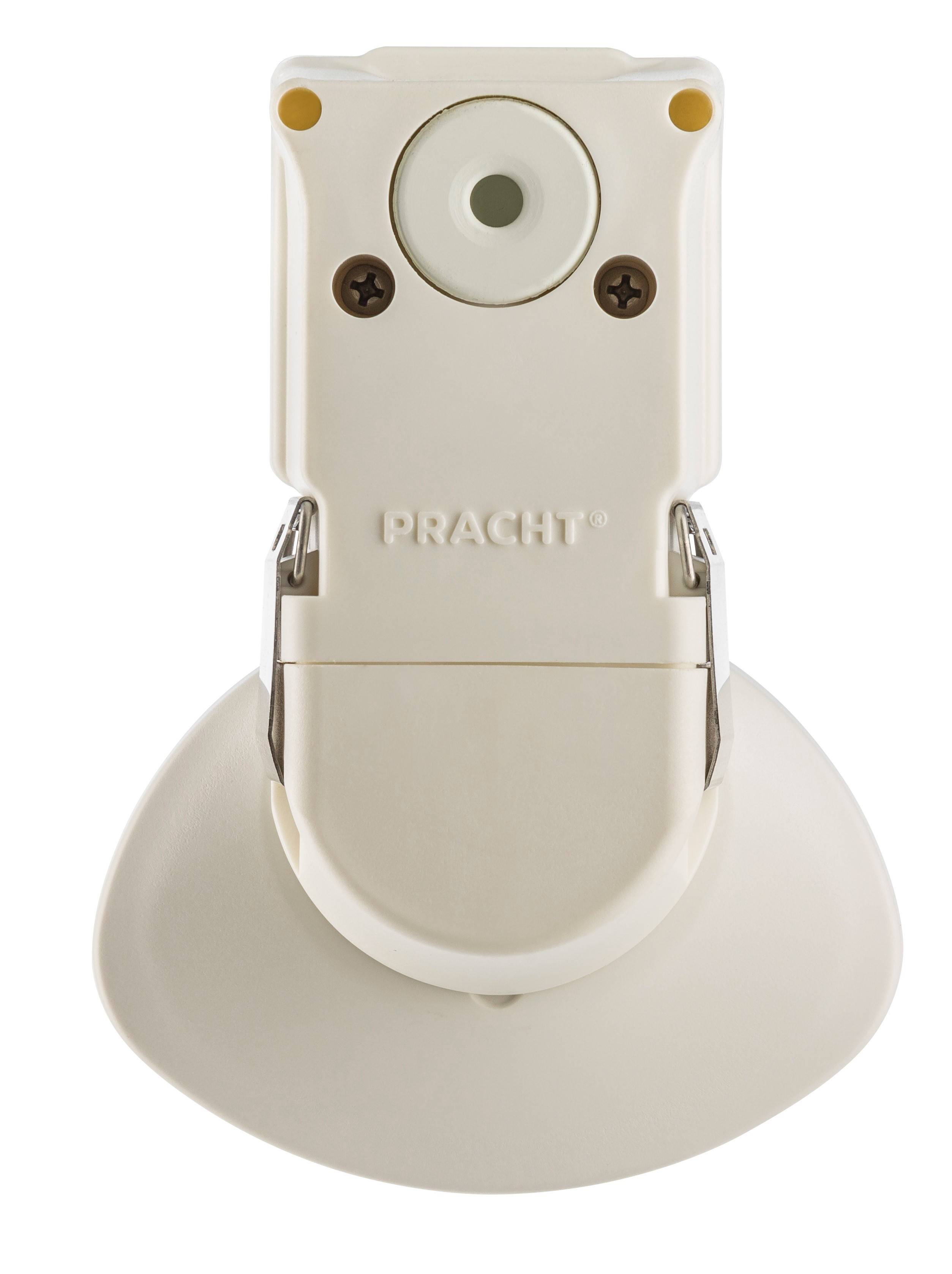 Biały cokół lampy z napisem 'PRACHT', odpowiedni do mocowania lamp.