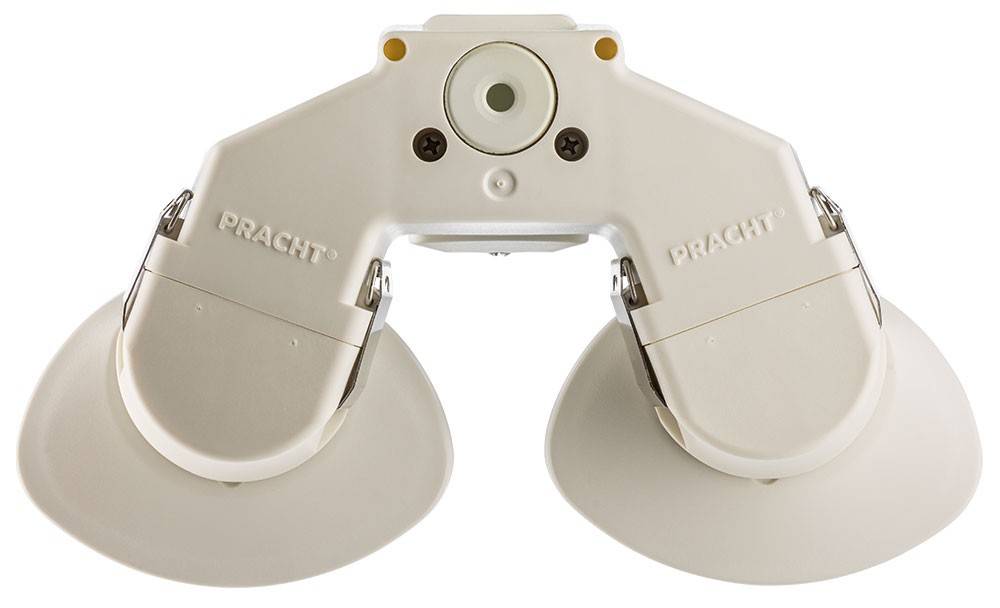 Biała lampa LED z obrotowymi owalnymi osłonami po obu stronach. Oznaczona logo 'PRACHT' na osłonach.