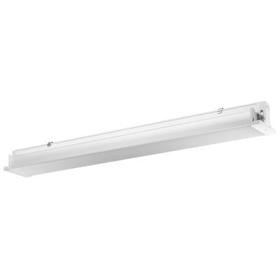 Długie, prostokątne oświetlenie sufitowe LED w prostym, białym designie, odpowiednie do biur lub pomieszczeń komercyjnych.