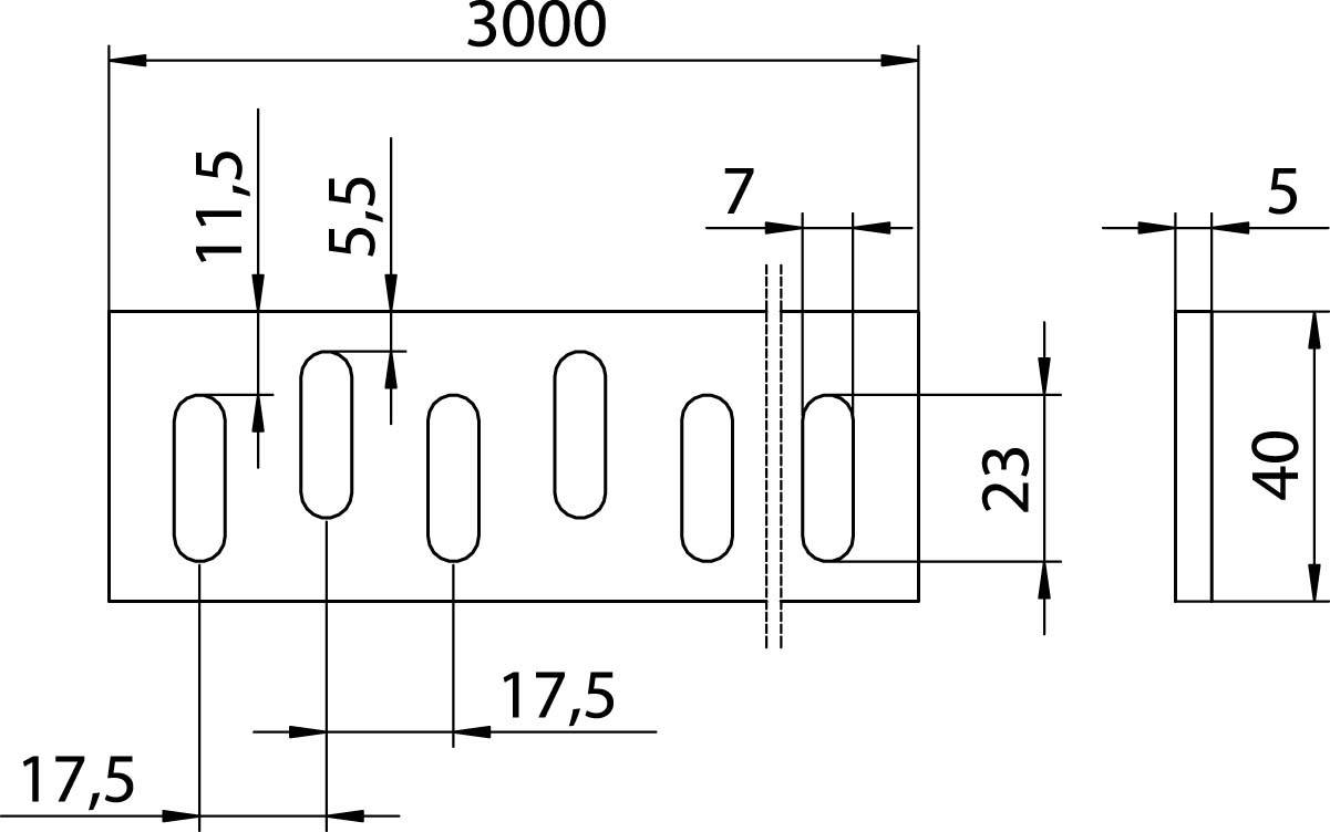 Rysunek techniczny profilu metalowego z wymiarami: długość 3000, szerokość 40, wysokość 17,5. Zawiera otwory owalne oraz dodatkowe wymiary.