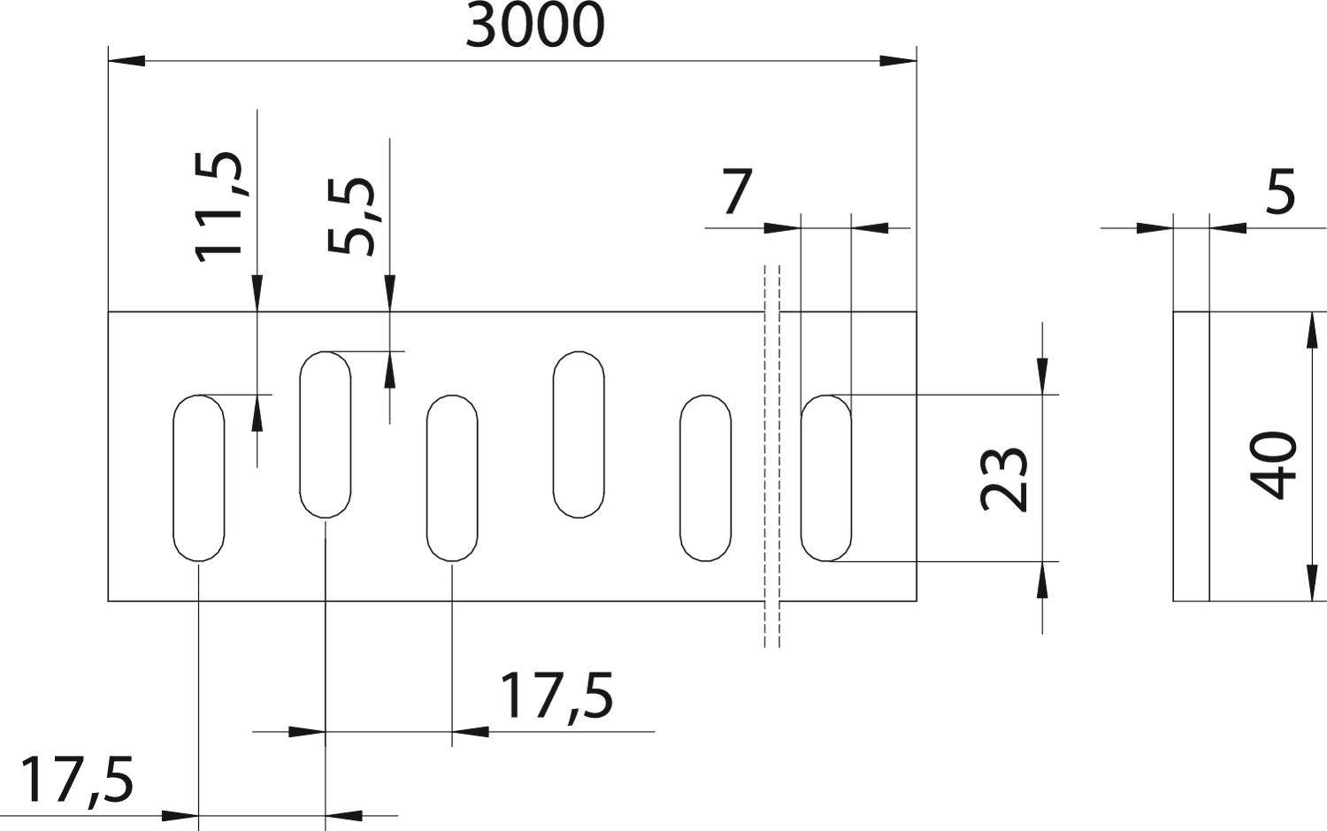 Rysunek techniczny metalowego profilu z nacięciami. Wymiary: długość 3000 mm, szerokość nacięć 11,5 mm, odstęp między nacięciami 17,5 mm.