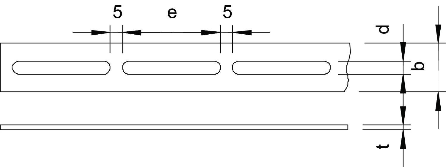 Diagram przedstawia prostokątny profil z trzema owalnymi otworami. Wymiary są oznaczone jako 'e', '5', '5', 'd', 'b' oraz 't'.