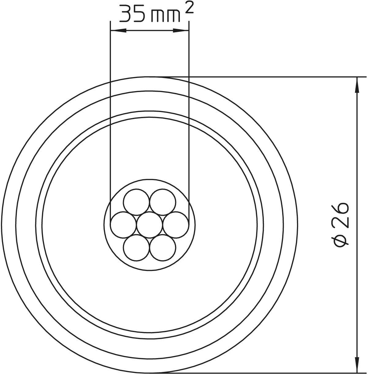 Przekrój poprzeczny kabla okrągłego z podaniem wymiarów: 35 mm² powierzchni przekroju oraz 26 mm średnicy zewnętrznej.