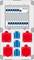 Szafa sterownicza z wieloma czerwonymi i niebieskimi gniazdkami oraz wyłącznikiem różnicowoprądowym (RCD) na górze. Główny wyłącznik do zarządzania zasilaniem.