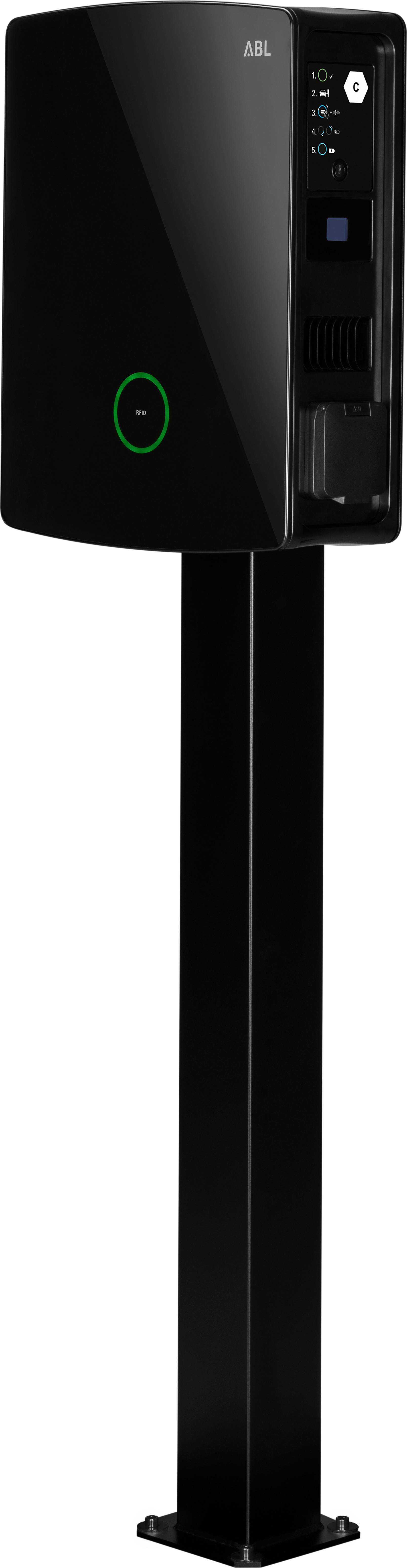 Stacja ładowania pojazdów elektrycznych w czarnej obudowie, zamontowana na czarnej podstawie, z widocznym panelem sterowania.