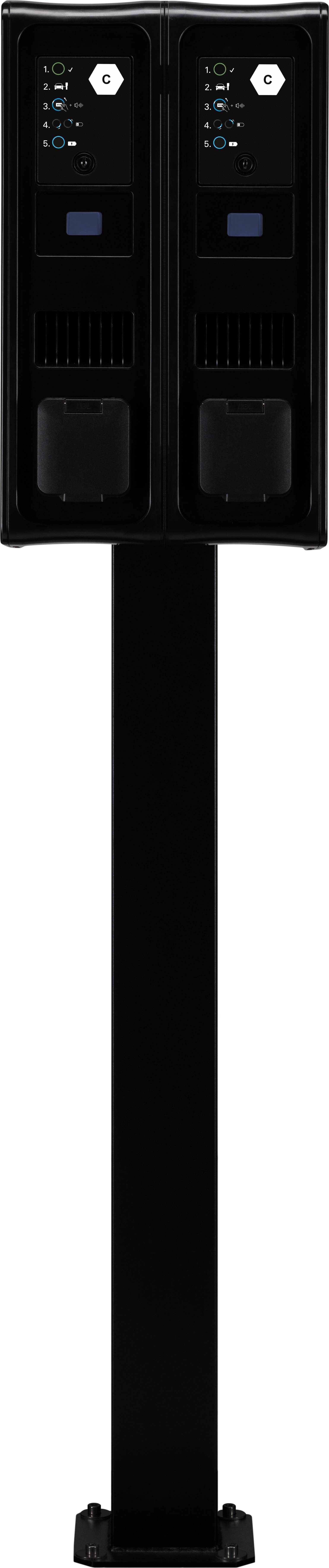 Czarny, wysoki ładowarka z dwoma gniazdami do ładowania pojazdów elektrycznych. Posiada przyciski sterujące i wyświetlacze przy każdym gnieździe.