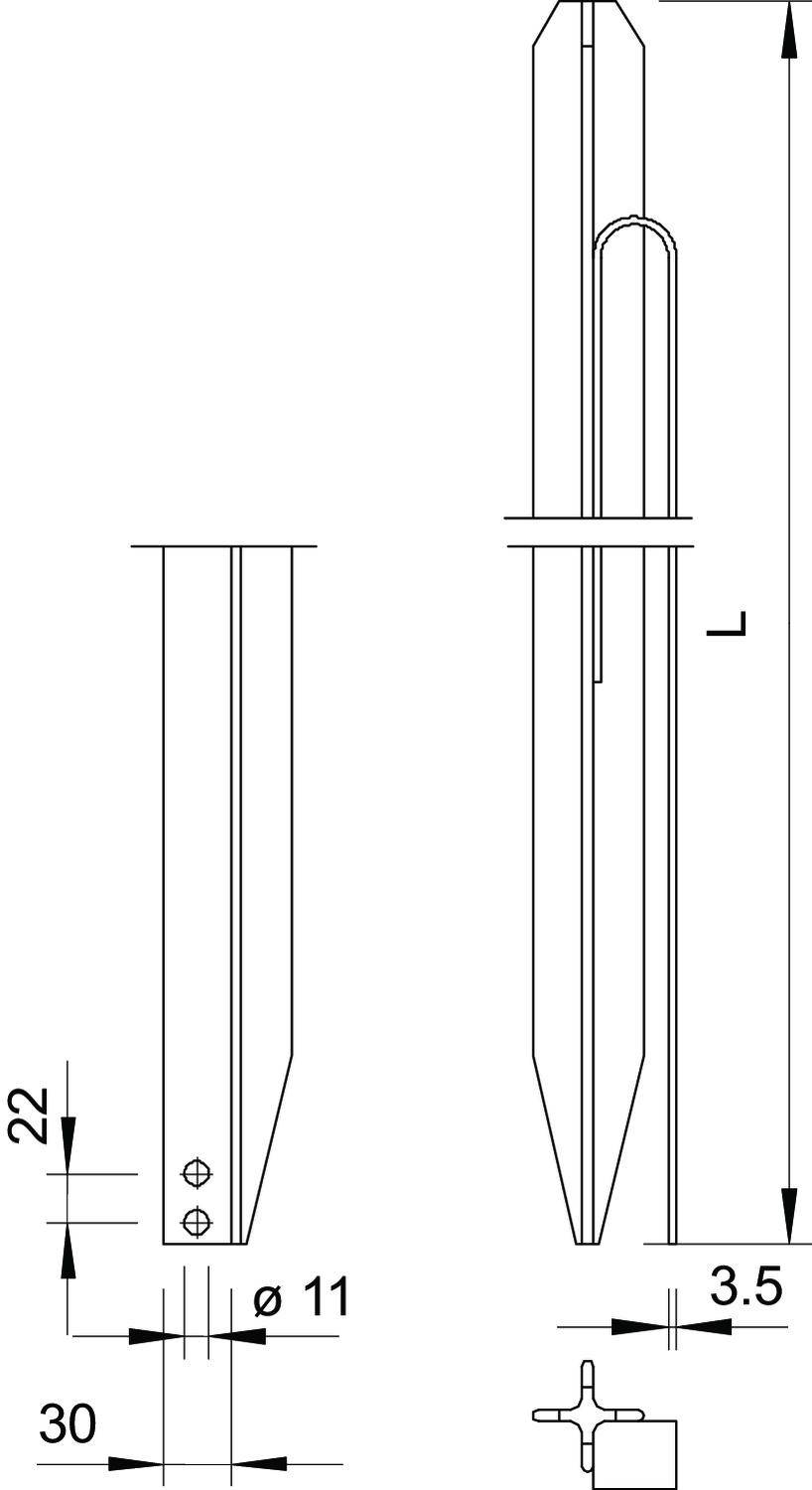 Rysunek techniczny kotwy gruntowej z wymiarami. Przedstawia widok z boku i przekrój poprzeczny. Wymiary: L, 22 mm, średnica 11 mm.