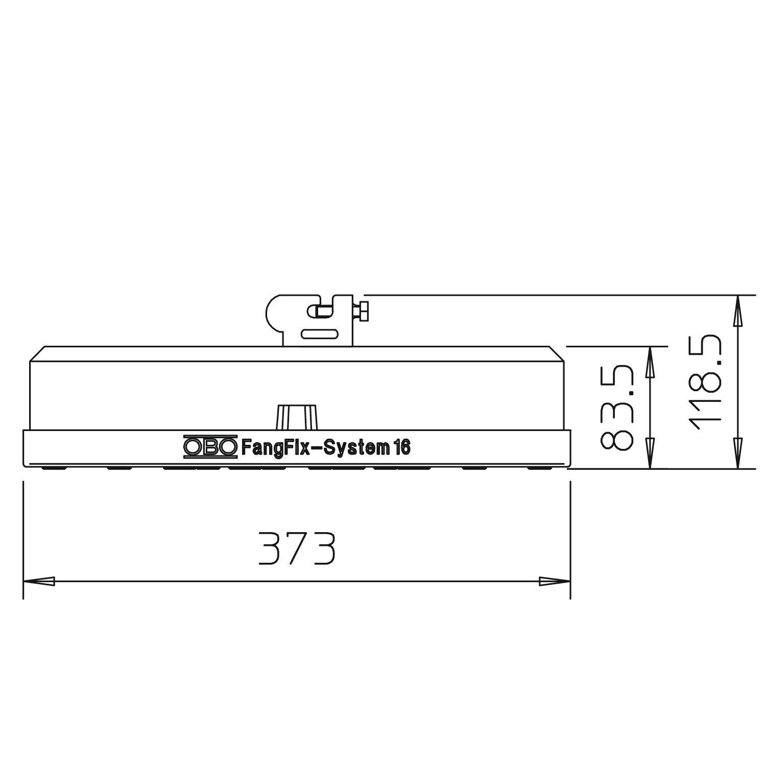 Rysunek przedstawia techniczną szkic systemu FangFix o wymiarach 373 mm szerokości, 83,5 mm i 118,5 mm wysokości.