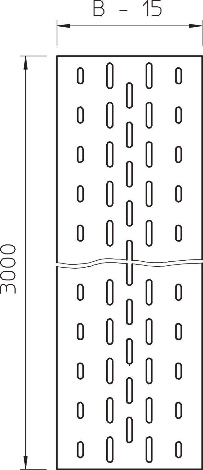 Diagram perforowanej blachy o wymiarach 3000 mm wysokości i szerokości B minus 15 mm. Widoczne są dwie przylegające do siebie płyty.
