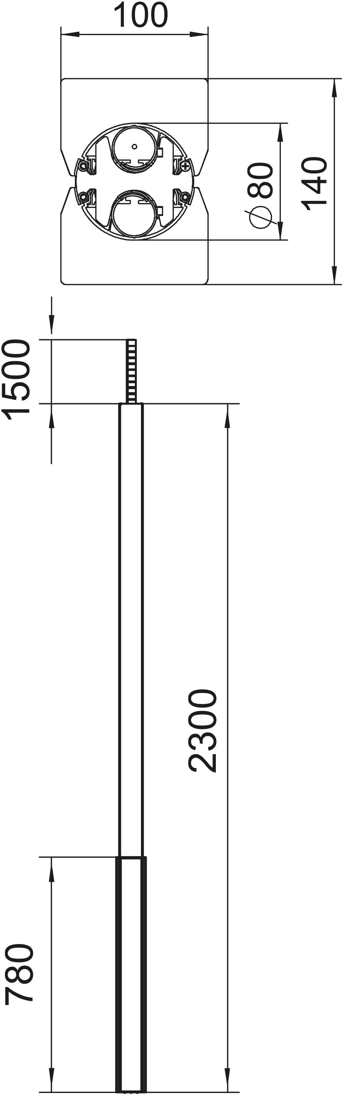 Rysunek techniczny cylindra z wymiarami: wysokość całkowita 2300 mm, górna sekcja 1500 mm, dolna sekcja 780 mm, średnica górna 80 mm.